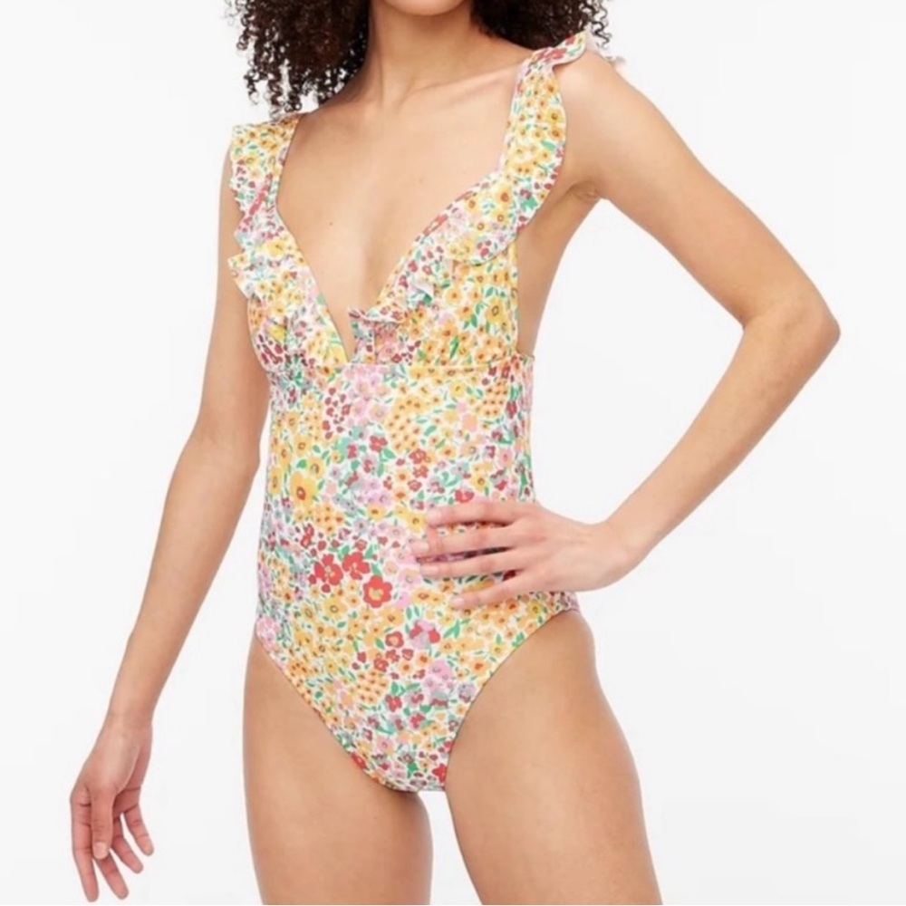 J. Crew Floral Ruffle One Piece Swimsuit, XS